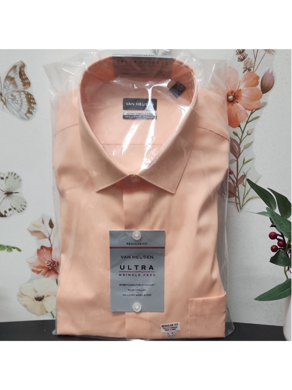 Van Heusen $60 Ultra Wrinkle Free Stretch Dress Shirt Peach L 16-16.5 34/35